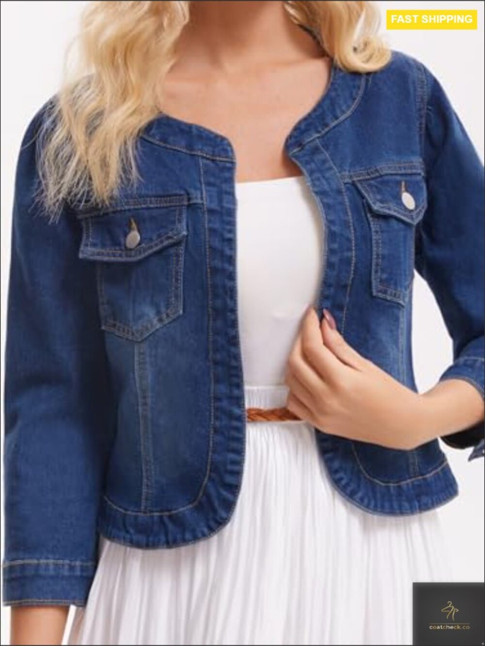 Collarless Denim Jacket Cardigan 3/4 Sleeve Button Front Casual Chic Jean Coat - Picture 5 of 6
